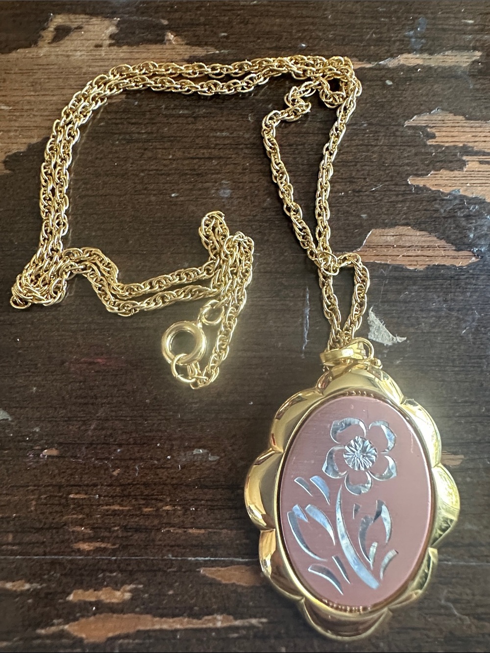 16” light gold tone etched metal flower pendant, lovely, unmarked
